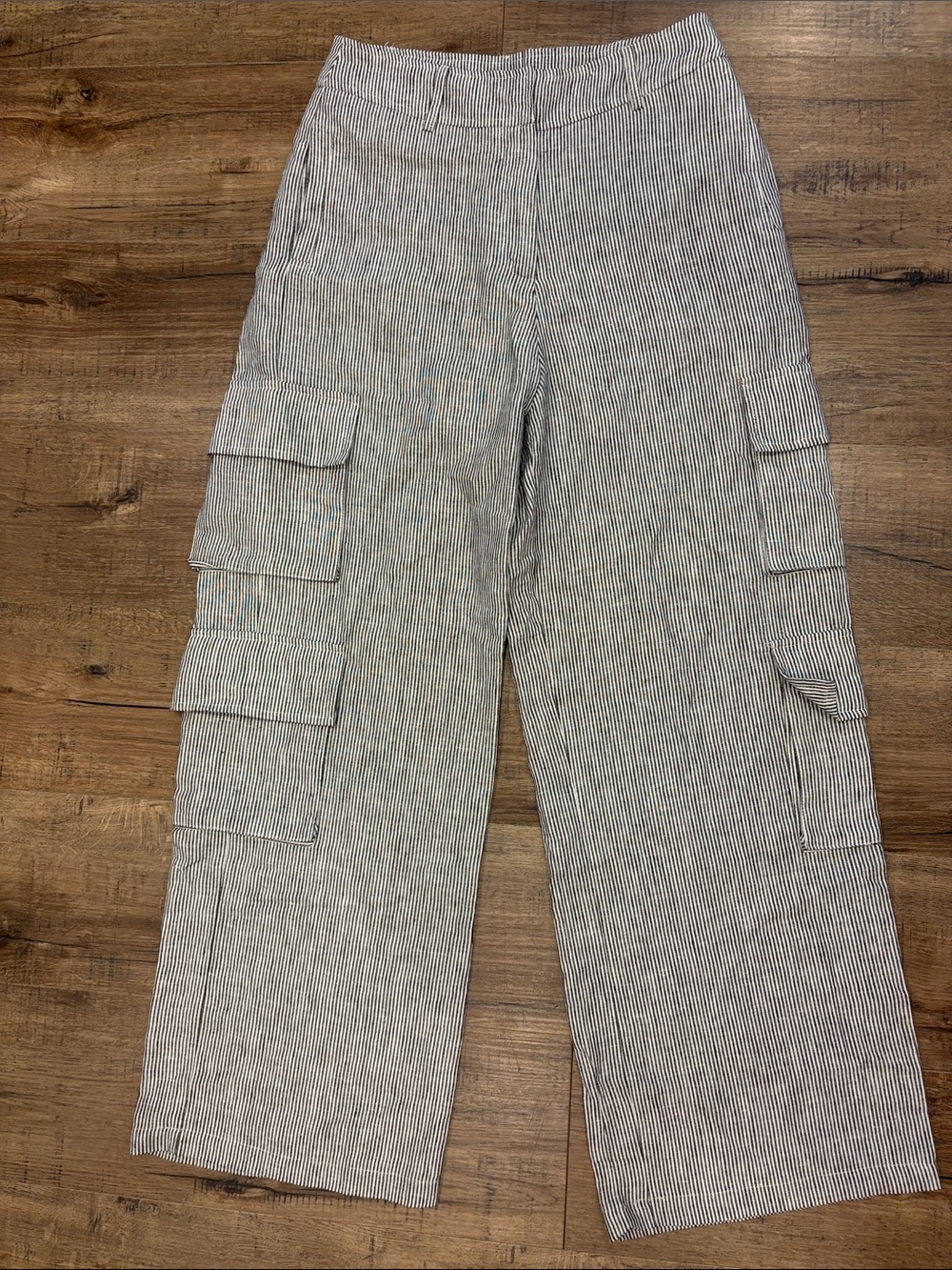 Olivaceous 100% Linen Wide-Leg Cargo Pants with thin black/white stripe